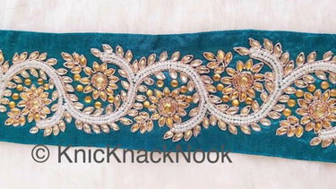 Green Silk Lace Trim With Floral Zardozi Hand Embroidery And White Beads & Indian Stones Kundan Embellishment, Approx. 80mm, Decorative Trim